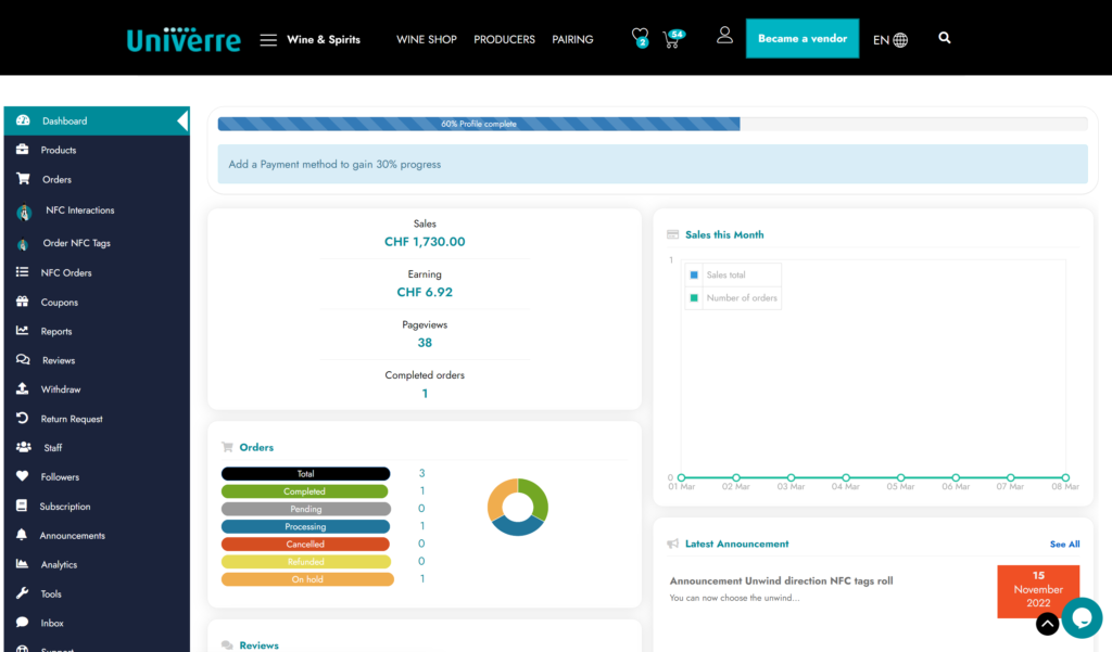 vendor dashboard